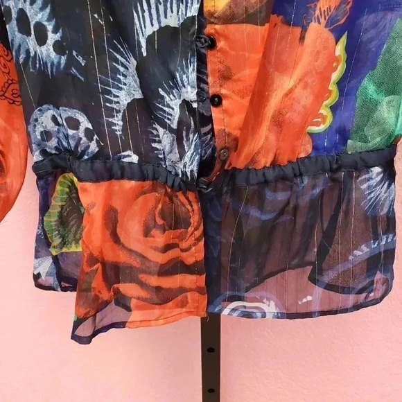 Desigual Colorful Floral Ruffle Hem Sheer Blouse - Picture 3 of 8